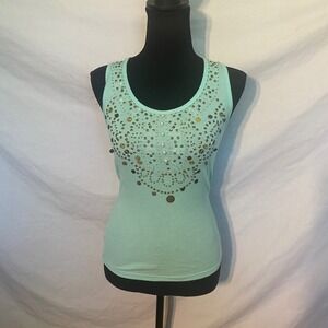 Orange USA Mint Green Embellished Ribbed Tank Top‎ Studs Pearls Coins size LNWT